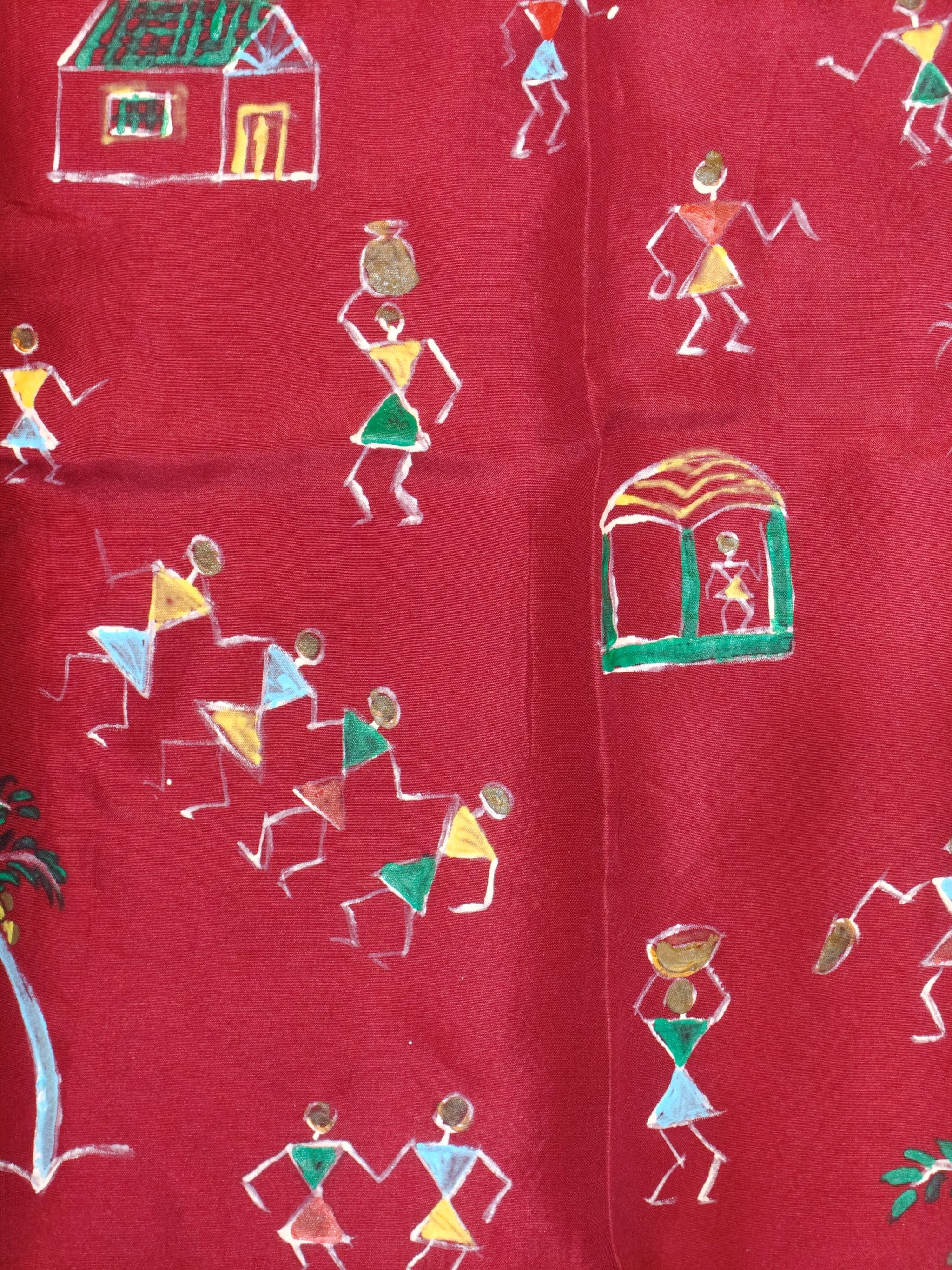 Handpainted Warli Art Pocket Square – Maroon with Sujni Border